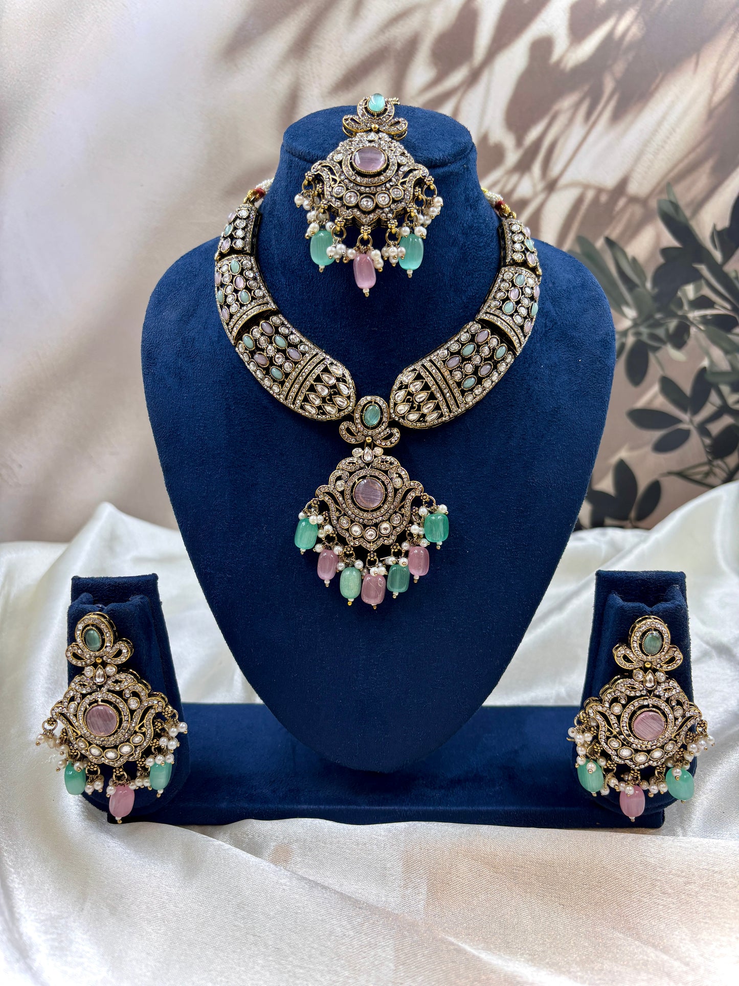 Victorian MintPink Kundan Necklace for Brides