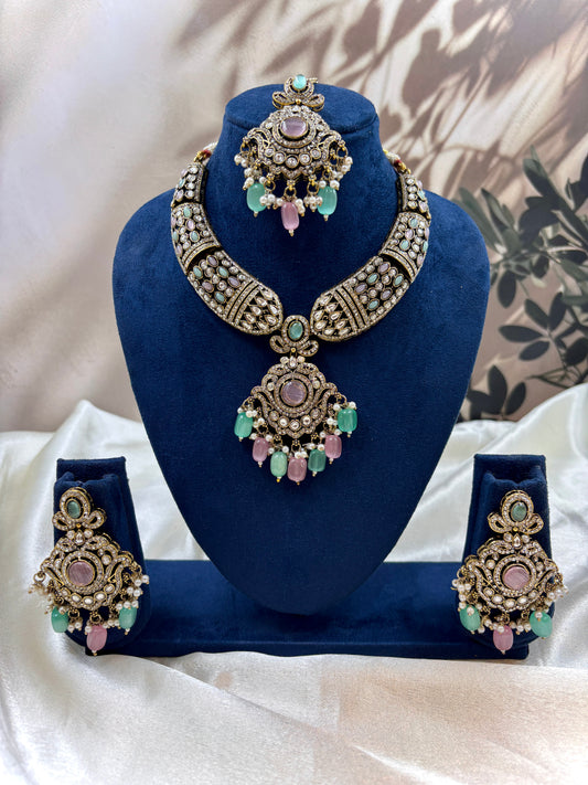 Victorian MintPink Kundan Necklace for Brides