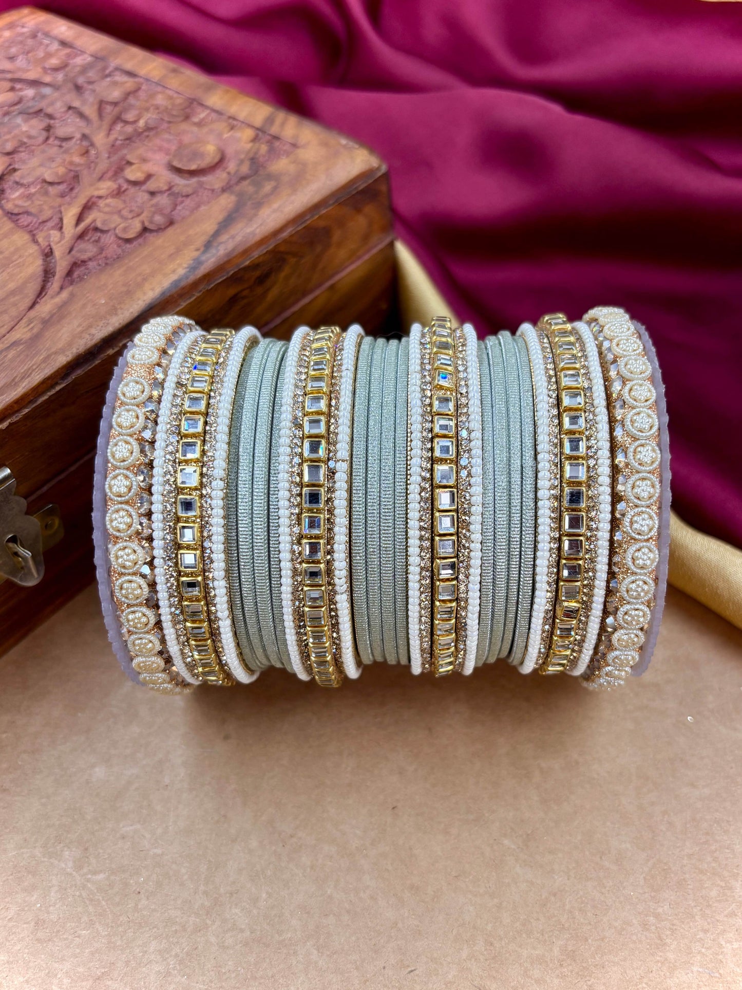 Traditional Pistagrey Kundan Bangles