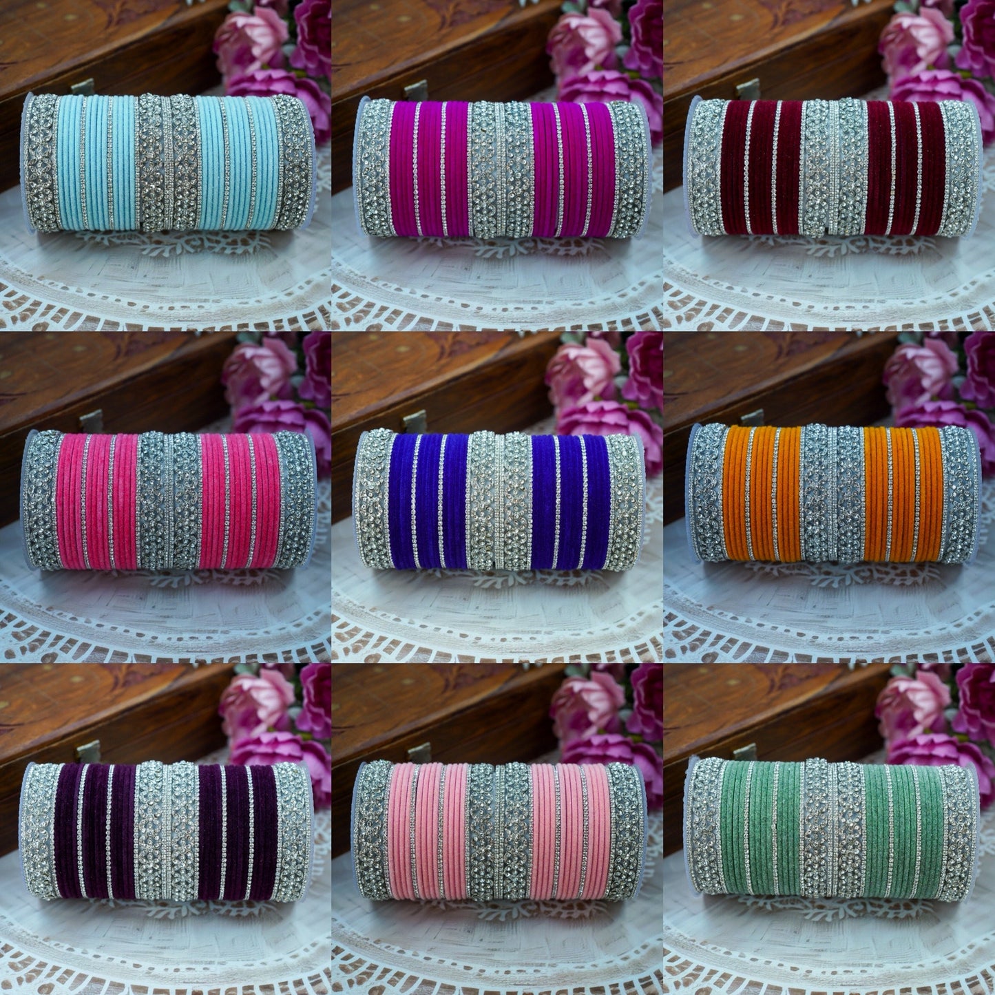 Silver American Diamond Velvet Bangles Set for Women – Bridal & Party Wear