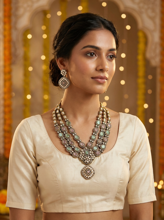 Vintage-Inspired Three-Layer MintPink Victorian Necklace Set