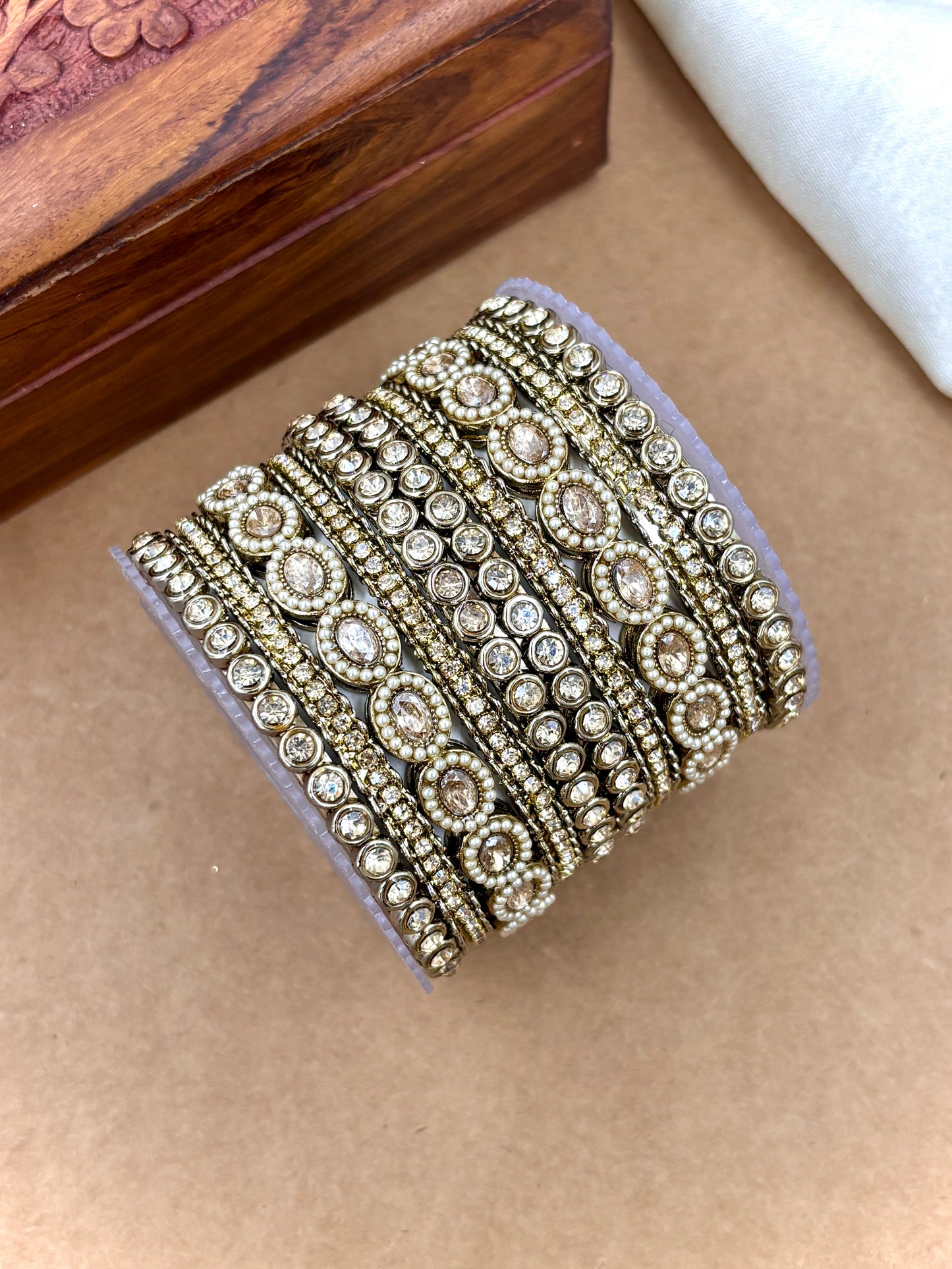Traditional Antique Pearl Golden Bangles Set for Women & Girls