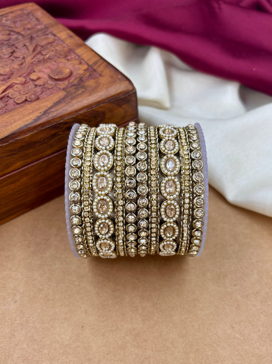 Traditional Antique Pearl Golden Bangles Set for Women & Girls