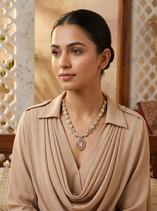 Long Antique Kundan MintPink Necklace