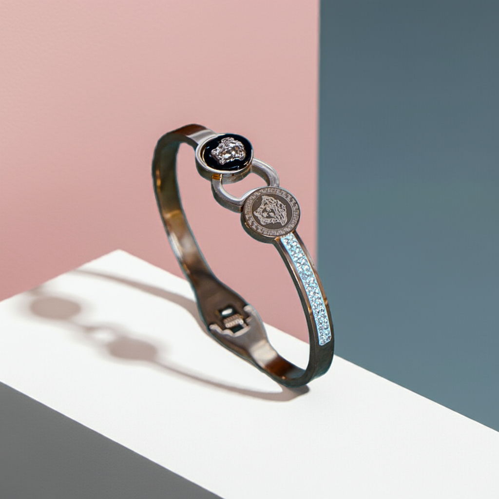 Silver bracelet with gemstones on a two-tone background by hitesh bangles