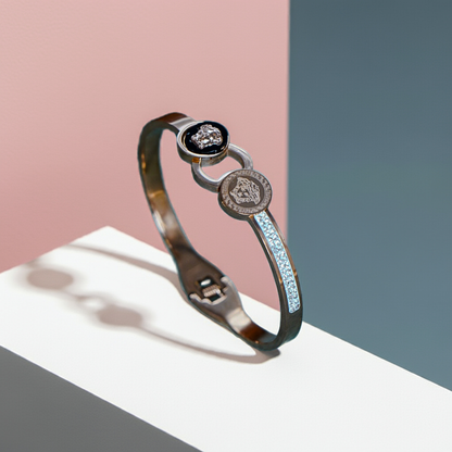 Silver bracelet with gemstones on a two-tone background by hitesh bangles