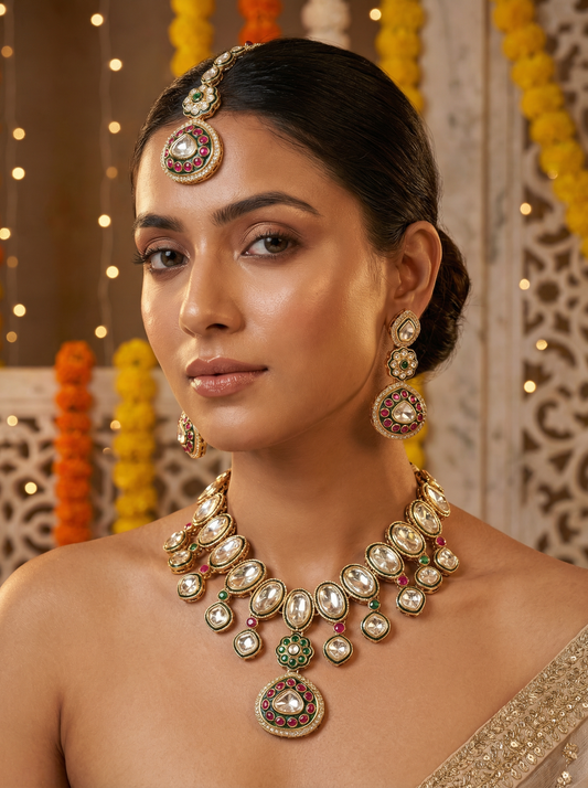 Elegant Polki Kundan Necklace Set with Earrings