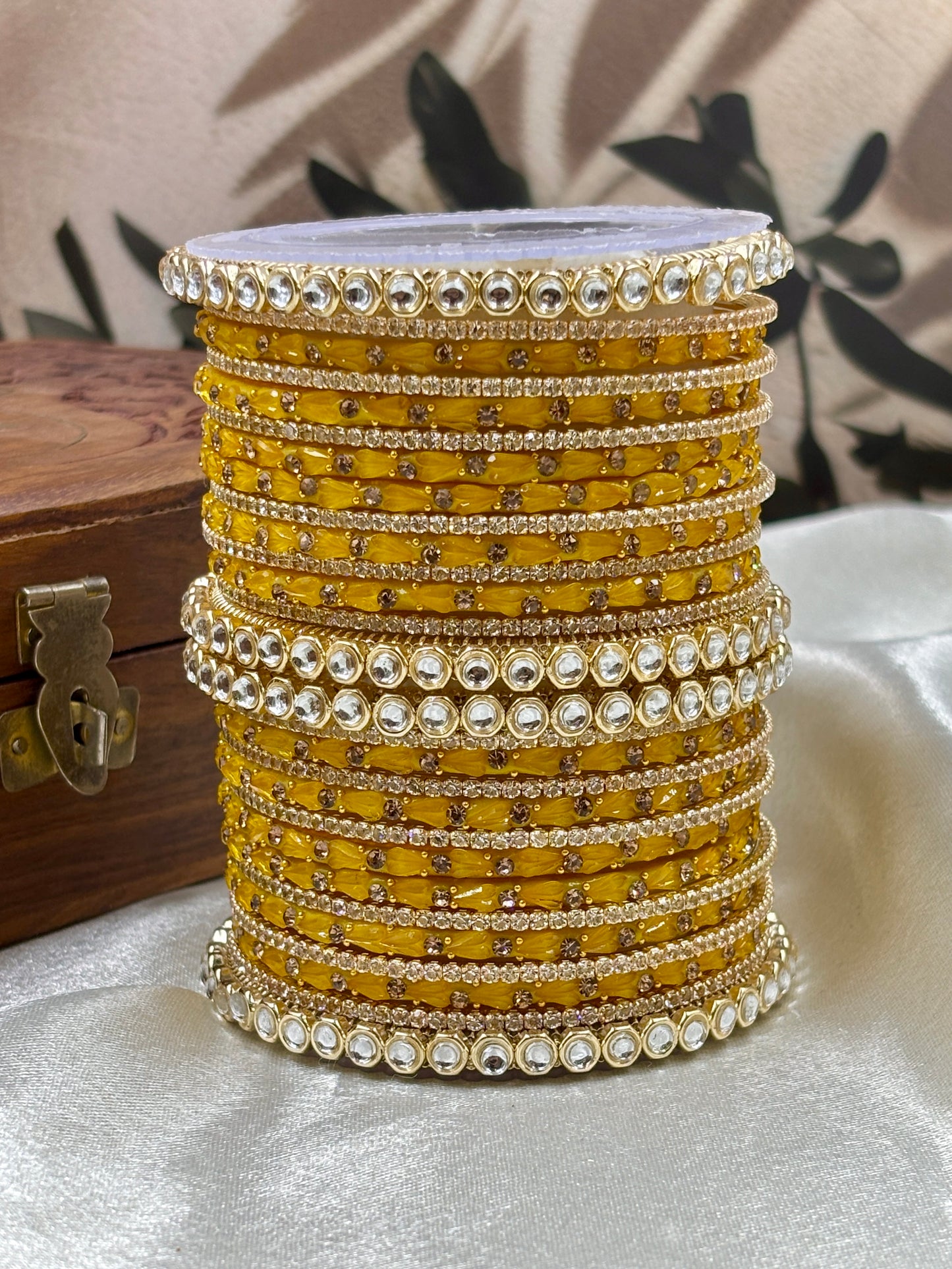 Yellow Kundan Glass Bangles Set