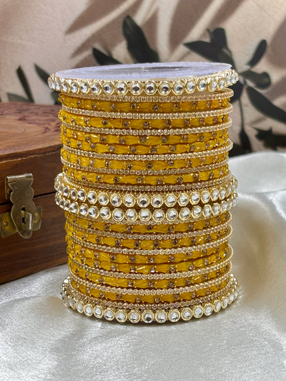 Yellow Kundan Glass Bangles Set