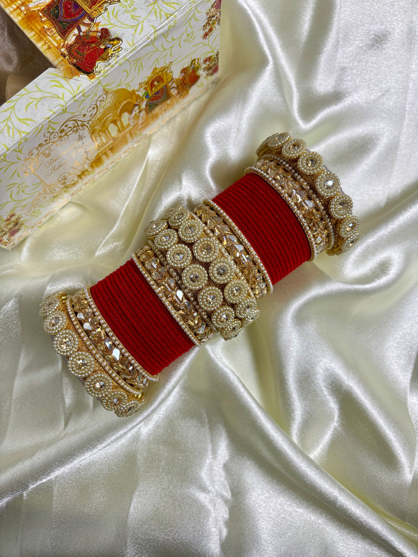 Traditional Red and Gold Bridal Bangle Set with Kundan Stones & Pearl Detailing – Wedding Chura Style