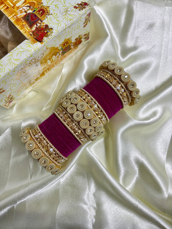 Magenta and Gold Bridal Bangle Set with Kundan & Pearl Detailing – Traditional Chura Style for Weddings & Special Occasions