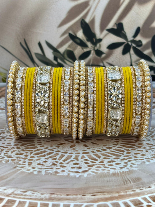 Pearl & Kundan Yellow Traditional Bangles Set
