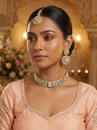 MintPink Kundan Choker Necklace Set with Earrings