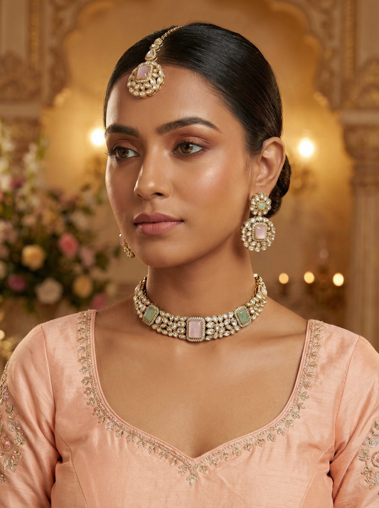 MintPink Kundan Choker Necklace Set with Earrings