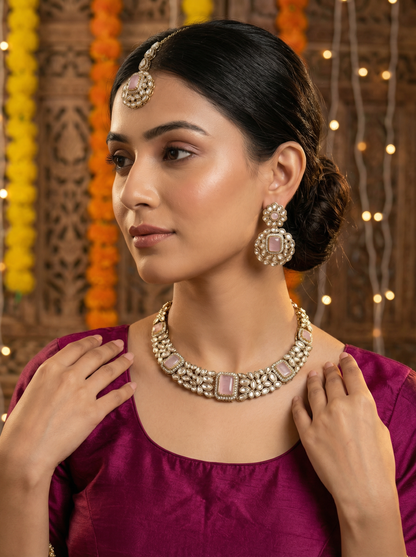 Pink Kundan Choker Necklace Set with Earrings