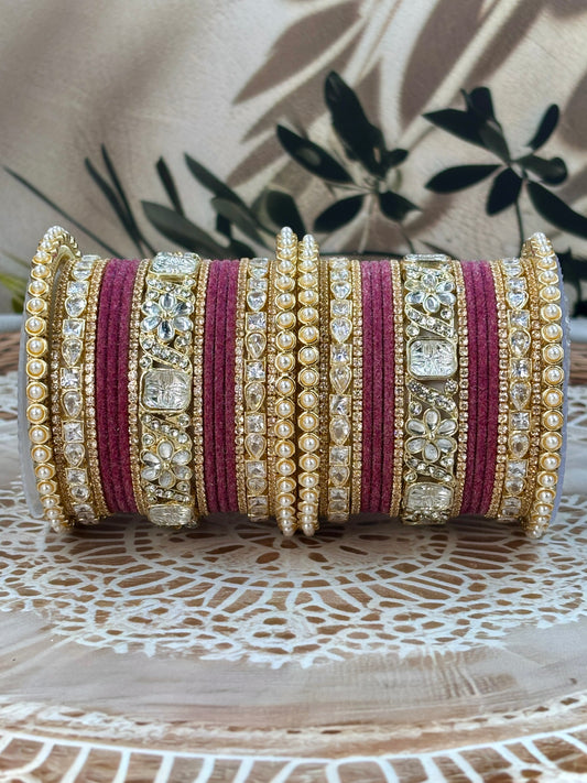 Pearl & Kundan OnionPink Traditional Bangles Set