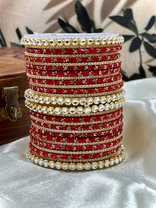 Red Kundan Glass Bangles Set