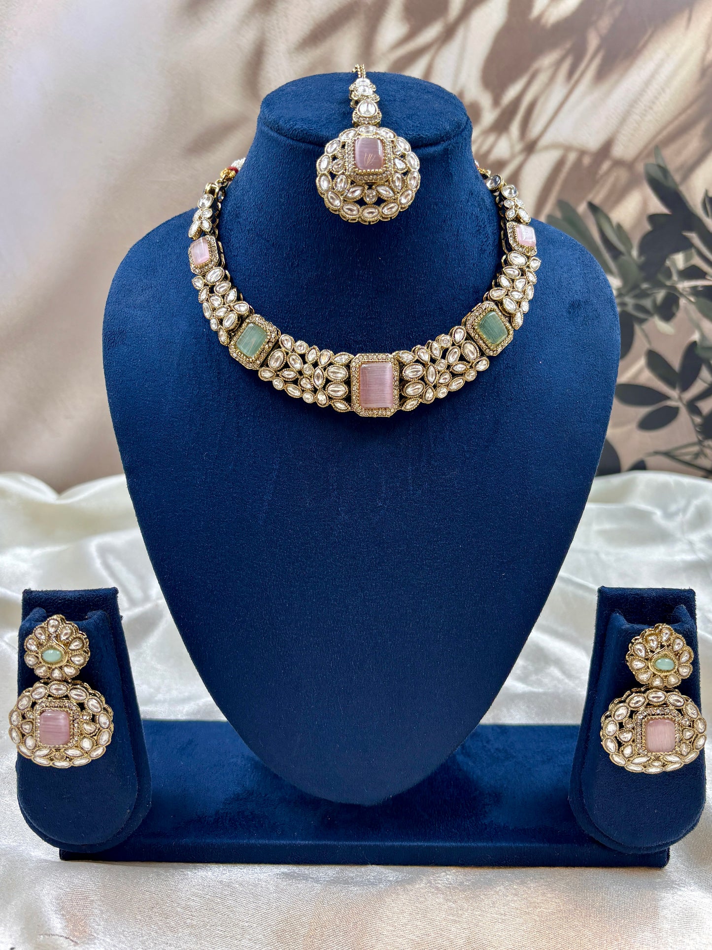 MintPink Kundan Choker Necklace Set with Earrings