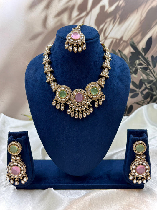 Antique Style MintPink Victorian Kundan Necklace Set