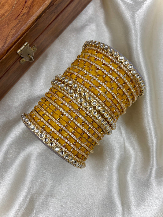 Yellow Kundan Glass Bangles Set