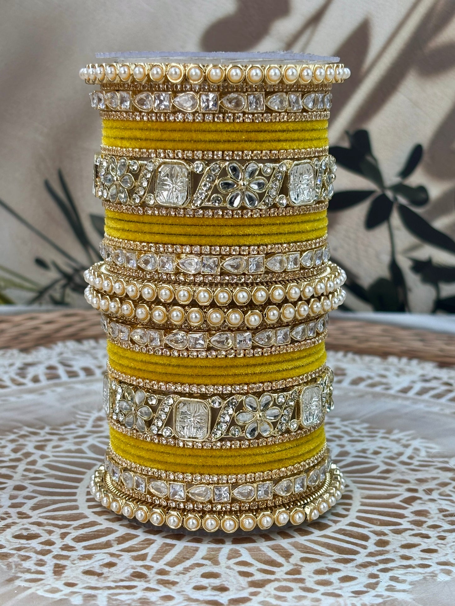 Pearl & Kundan Yellow Traditional Bangles Set