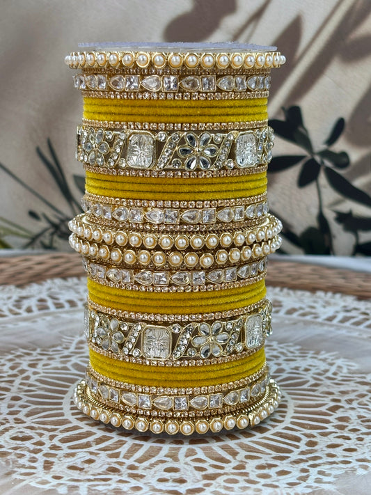 Pearl & Kundan Yellow Traditional Bangles Set