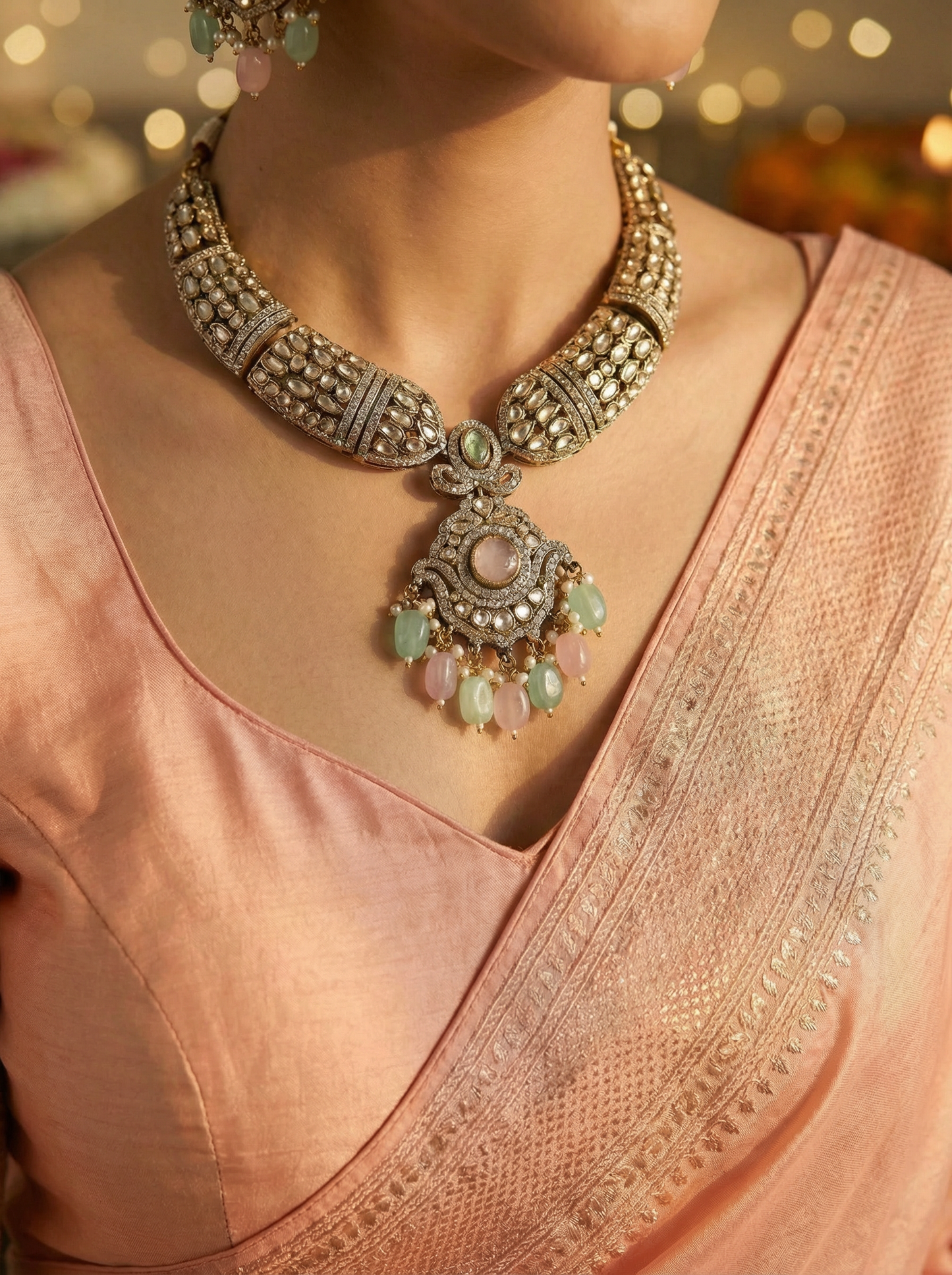 Victorian MintPink Kundan Necklace for Brides
