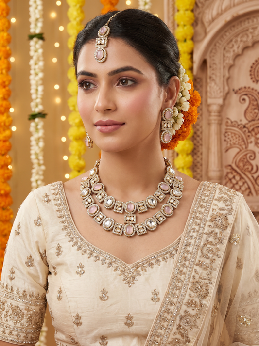 Pink Bridal Double Layer Jewellery Set