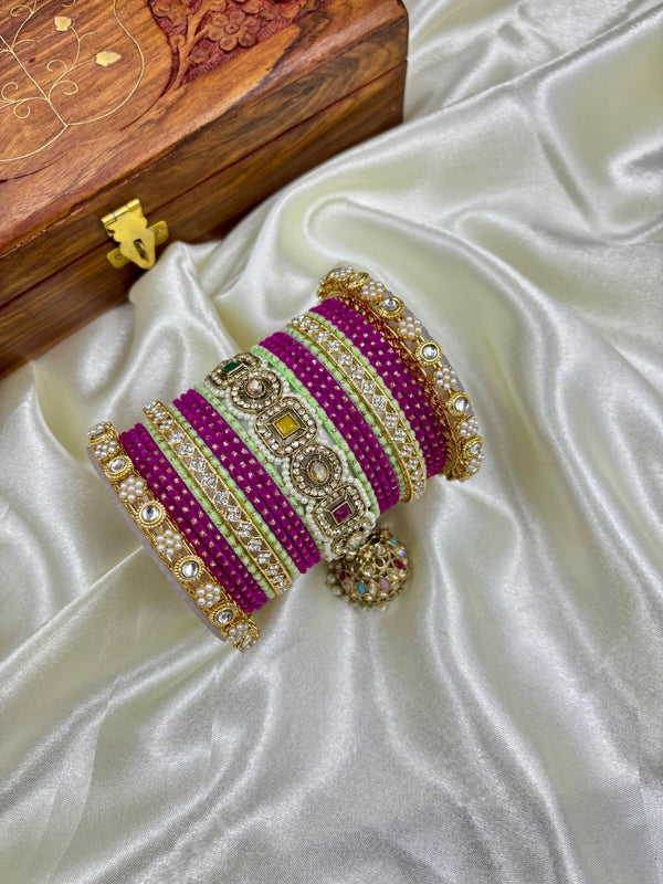 Royal Hanging Kundan Bridal Bangle Set in Magenta and Mint Green