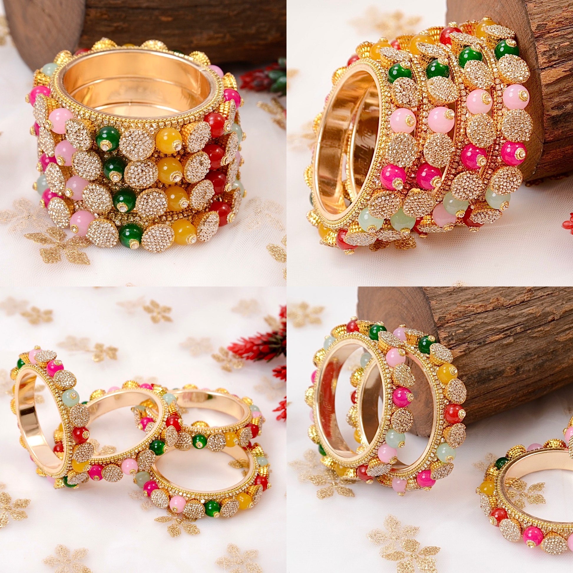 Set of colorful bangles with gold accents on a floral background by hitesh bangles