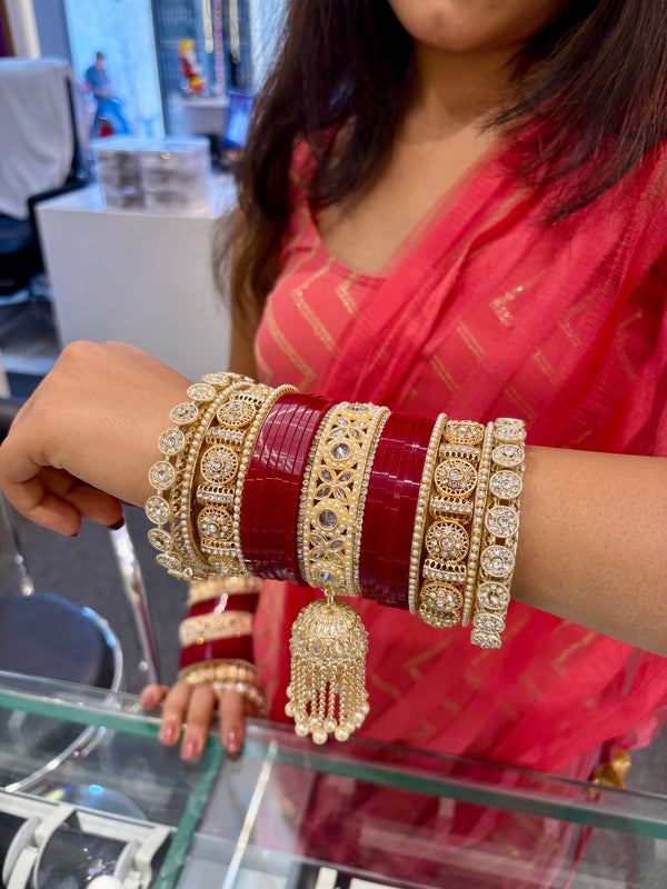Elegant Red Punjabi Bridal Chuda Set with Intricate Gold and Diamond Detailing