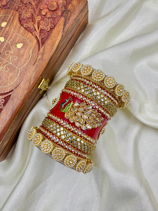 Traditional Rajwadi Red Bridal Chura with Kundan and Pearl Embellishments – Heavy Wedding Bangle Set