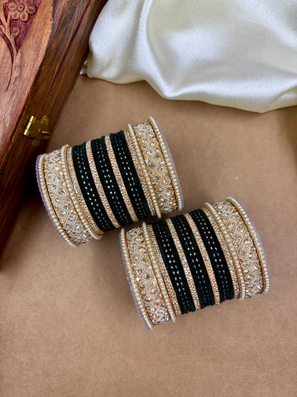 Elegant Black and Gold Velvet Dot Metal Chura Set – Designer Bridal Bangle Set with Diamond-Cut Detailing