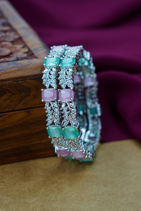 Mint Pink American Diamond Silver Plated Bangles for Women