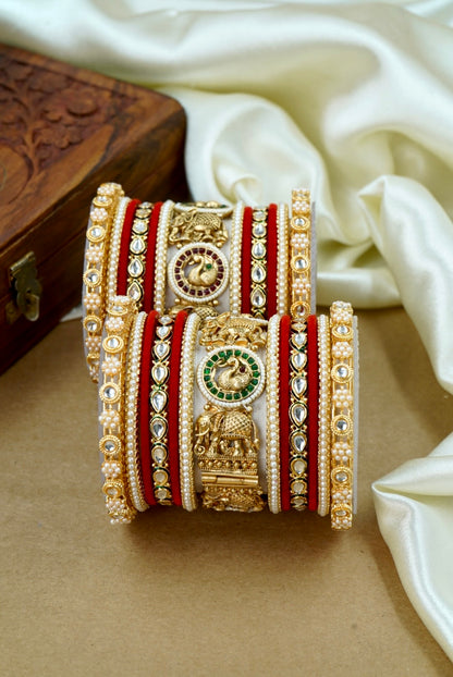 Decorative bangles with intricate designs on a beige surface by hitesh bangles